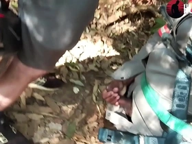 Gay biker gets a public park blowjob surprise