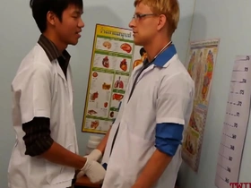 Asian patient gets cum inside his ass in a threesome with uniformed twinks