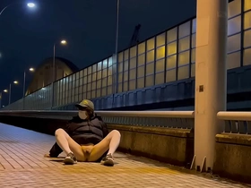 Mayu-chan, a female sissy, is naked on the bridge walkway at night and gets exposed by passing cars.