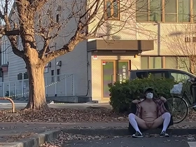 Mayu-chan, a female mascot, is alone in a parking lot and people walk by her and expose themselves.