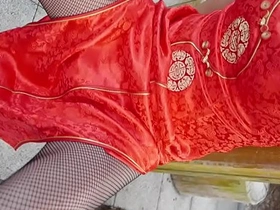 Crossdresser in qipao stockings, solo boy BDSM scene.