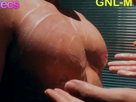 Big Asian muscle guy gets nipple worship and edging in the shower